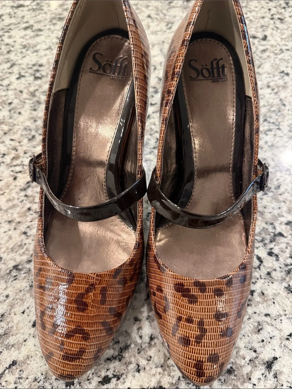 Sofft Brown Leopard Pattern Mary Jane Heels with Black Patent Strap